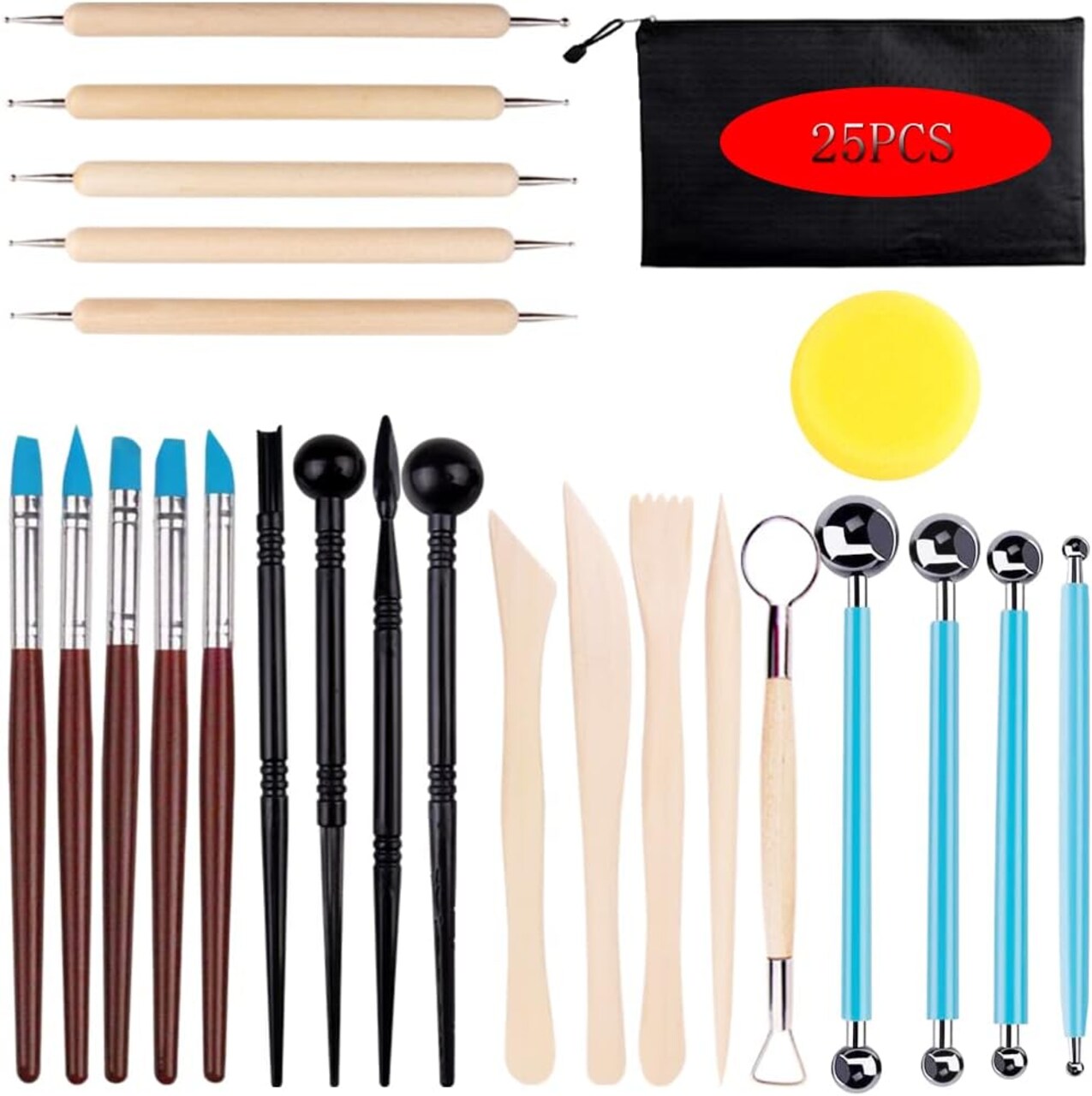 25-Piece Clay Sculpting Tool Set – Wood Ceramic & Polymer Clay Tools for Modeling, Carving, Shaping, Art & Craft